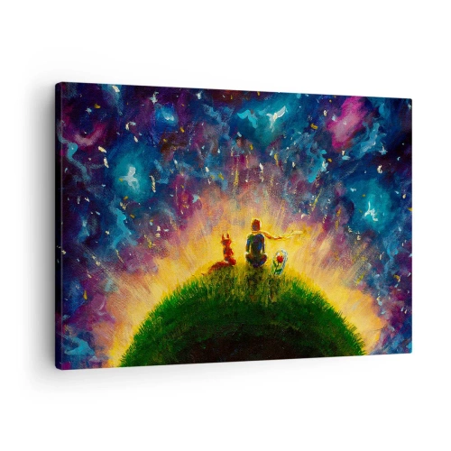 Impression sur toile - Image sur toile - Personnages sur une colline verdoyante entourée d'un ciel étoilé - 70x50cm - Amour et amitié - le monde entier - Décoration murale moderne pour le salon et la chambre ARTTOR