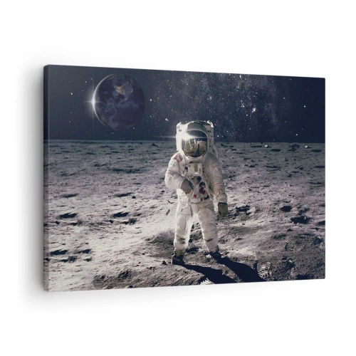 Impression sur toile - Image sur toile - Astronaute à la surface de la Lune avec la Terre en arrière-plan - 70x50cm - Salutations de la lune - Décoration murale moderne pour le salon et la chambre ARTTOR