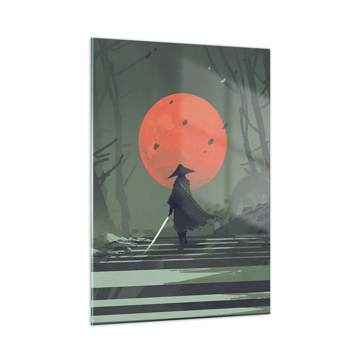 Impression sur verre - Image sur verre - Un guerrier solitaire avec une épée dans la forêt sur fond de lune rouge. - 50x70cm - Guerrier de la lune rouge - Décoration murale moderne pour le salon et la chambre ARTTOR