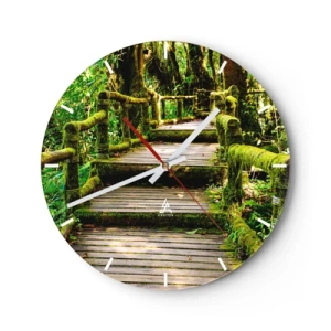 Horloge murale - Pendule murale - Un chemin en bois dans une forêt tropicale recouvert de mousse - 30x30cm - Un couloir de verdure - Décoration murale moderne pour le salon, la cuisine et la chambre ARTTOR