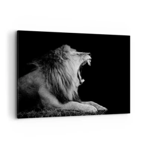 Impression sur toile - Image sur toile - Un lion rugissant sur fond noir dans des tons noir et blanc - 100x70cm - Sans aucun doute - Décoration murale moderne pour le salon et la chambre ARTTOR