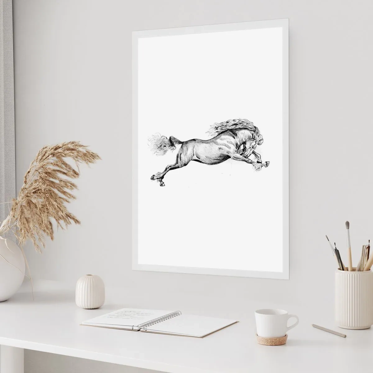 Affiche - Poster - Illustration d'un cheval au galop en noir et blanc - 50x70cm - Immortalisé au galop - Décoration murale moderne pour le salon et la chambre ARTTOR