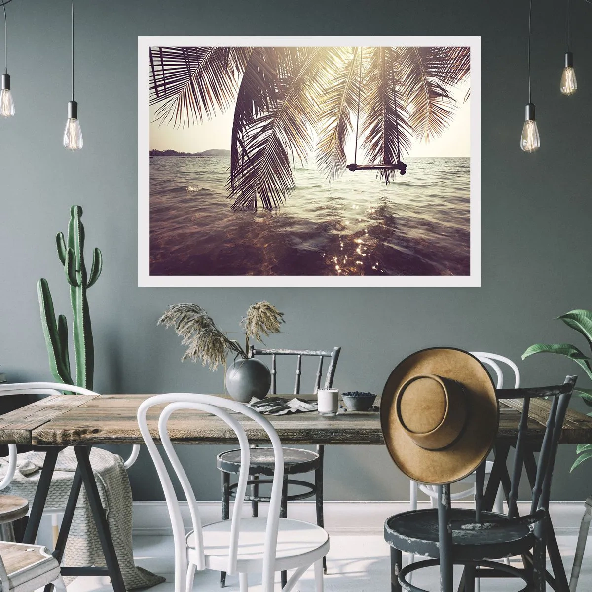 Affiche - Poster - Palmier avec une balançoire au-dessus de l'eau au soleil - 100x70cm - Vous pouvez vous balancer dans les nuages