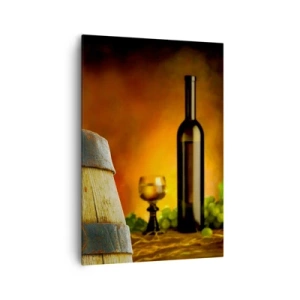 Impression sur toile - Image sur toile - Raisins sur un tonneau de vin avec une palette de couleurs chaudes en arrière-plan - 70x100cm - Nature morte avec une bouteille de vin et une grappe de raisin - Décoration murale moderne pour le salon et la chambre