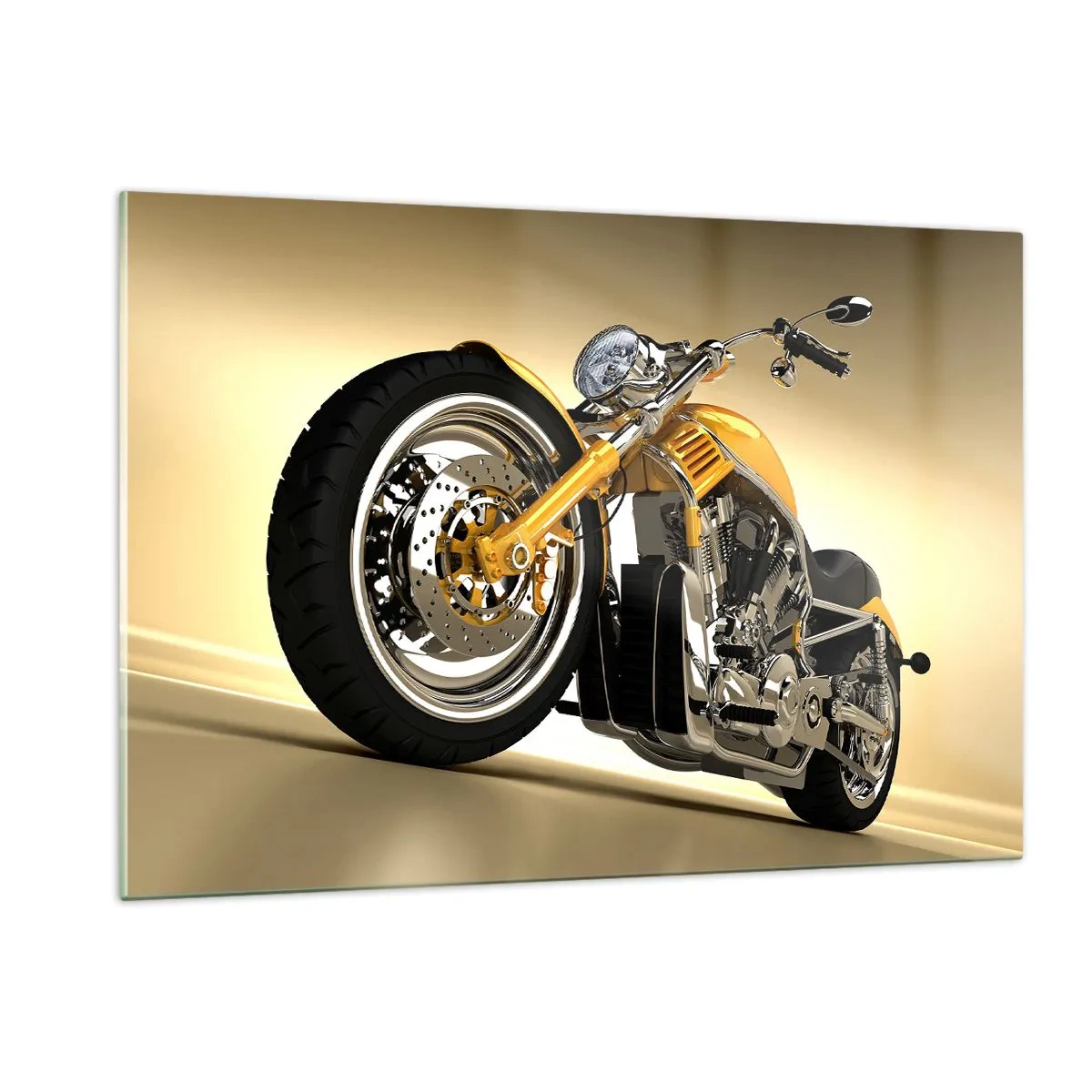 Impression sur verre - Image sur verre - Une moto customisée dorée sur fond clair - 120x80cm - Un rêve de force et de vitesse - Décoration murale moderne pour le salon et la chambre ARTTOR