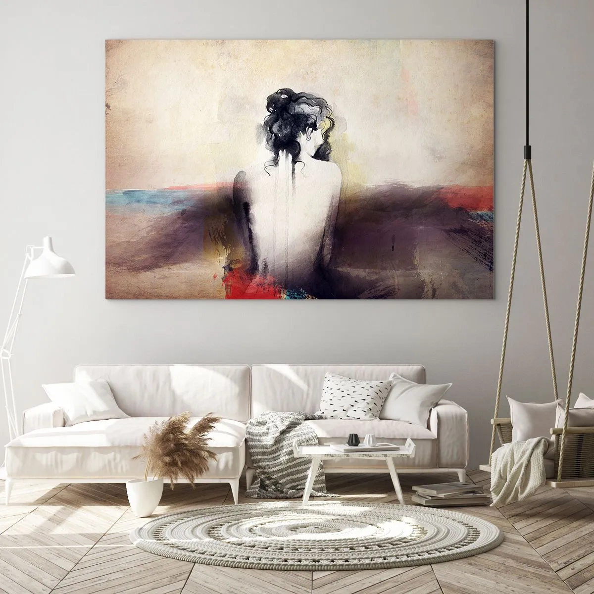 Impression sur verre - Image sur verre - Un portrait subtil d'une femme sur un fond de paysage pastel. - 100x70cm - Lignes lisses, formes ovales - Décoration murale moderne pour le salon et la chambre ARTTOR