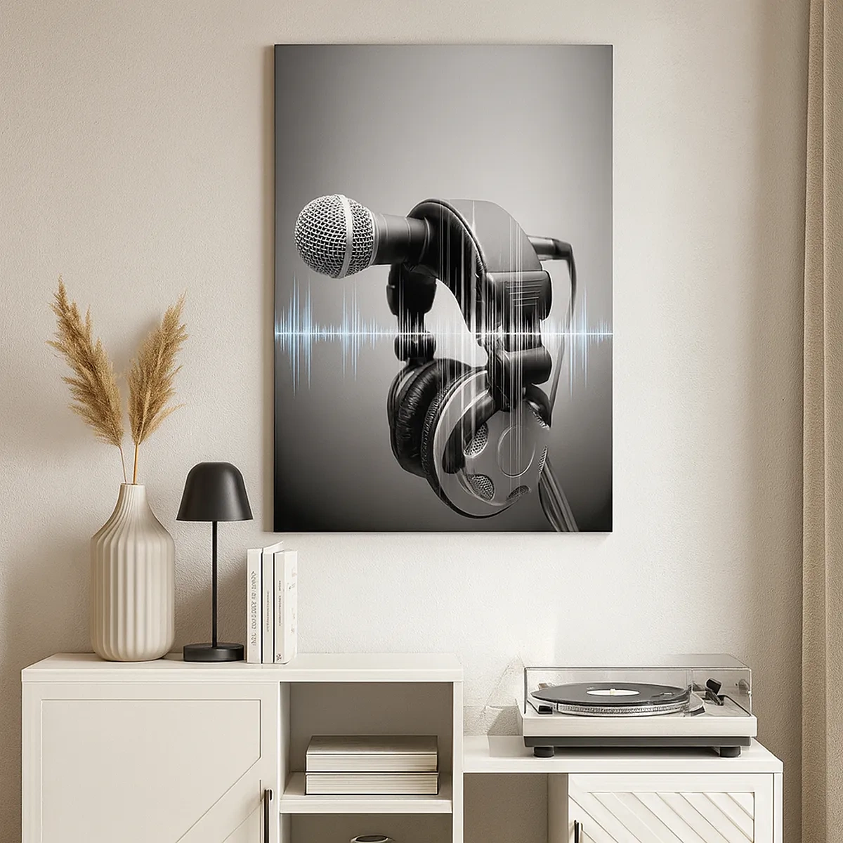 Impression sur toile - Image sur toile - Microphone et casque avec visualisation des ondes sonores en arrière-plan - 50x70cm - Vous pouvez encore entendre son chant - Décoration murale moderne pour le salon et la chambre ARTTOR