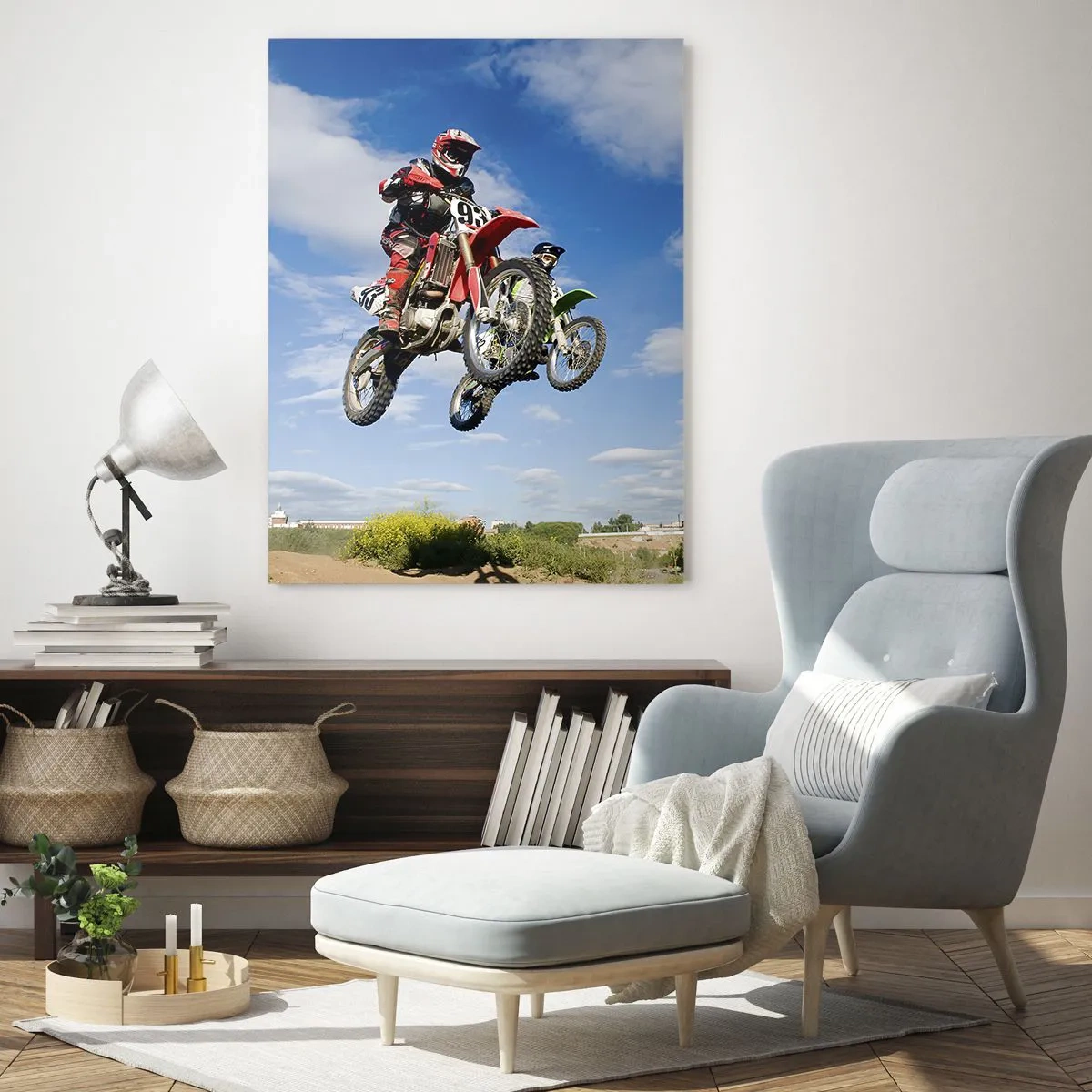 Impression sur verre - Image sur verre - Des pilotes de motocross dans les airs lors d'un saut - 80x120cm - Saut en parachute - Décoration murale moderne pour le salon et la chambre ARTTOR