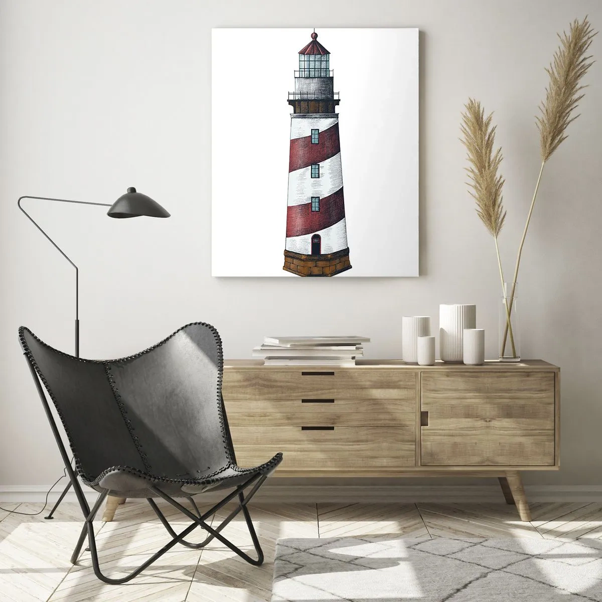 Impression sur verre - Image sur verre - Une image de dessin animé d'un phare avec des rayures rouges et blanches sur un fond minimaliste. - 70x100cm - Toujours sur ses gardes - Décoration murale moderne pour le salon et la chambre ARTTOR