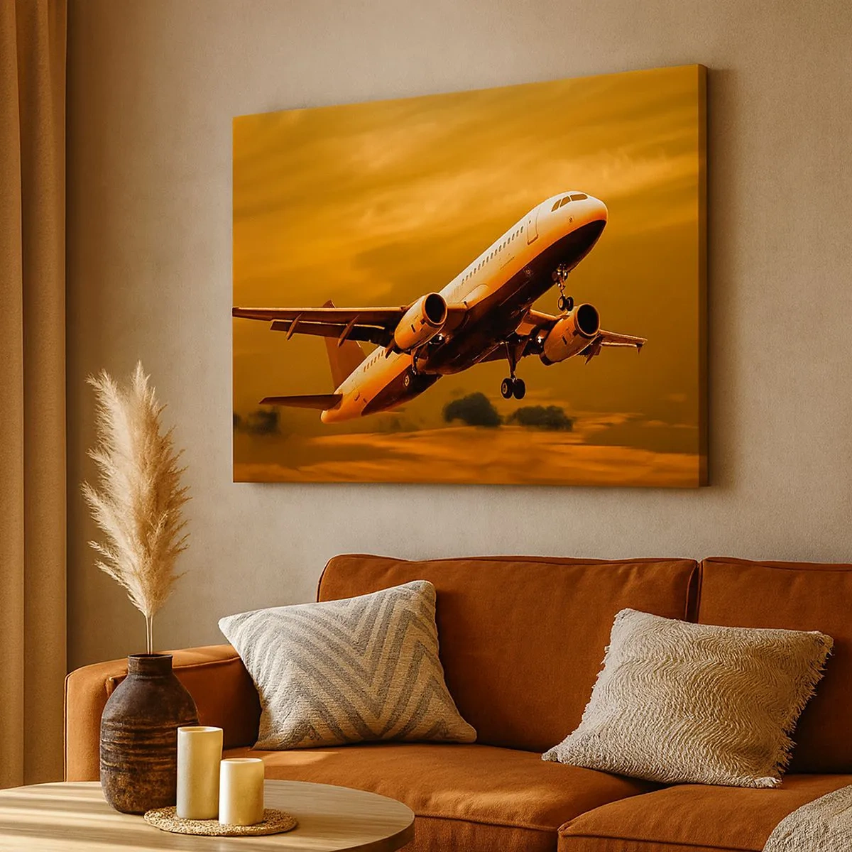Impression sur toile - Image sur toile - Un avion de ligne décollant sous un ciel de coucher de soleil doré. - 70x50cm - Vol vers le soleil - Décoration murale moderne pour le salon et la chambre ARTTOR