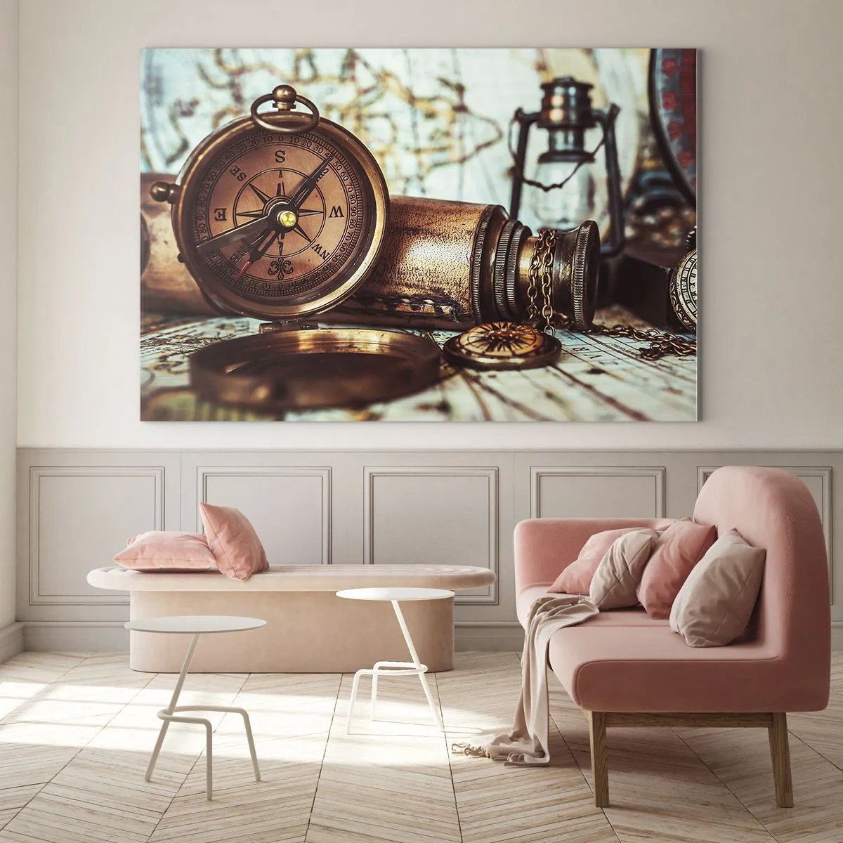 Impression sur verre - Image sur verre - Une boussole et une carte antiques sur fond d'aventures de pirates - 120x80cm - Une aventure de pirates dans les Caraïbes vous attend - Décoration murale moderne pour le salon et la chambre ARTTOR