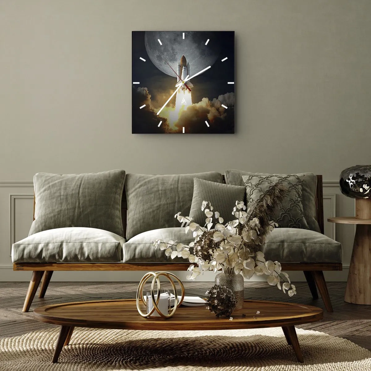 Horloge murale - Pendule murale - Une fusée décollant sur fond de pleine lune entourée de nuages dynamiques. - 30x30cm - Le début d'une aventure surnaturelle - Décoration murale moderne pour le salon et la chambre ARTTOR
