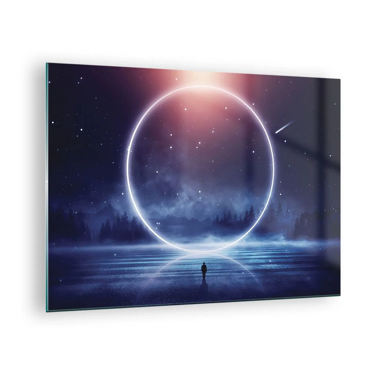Impression sur verre - Image sur verre - Un cercle de lumière au-dessus du lac parmi le ciel nocturne et la forêt - 70x50cm - Ils sont déjà là... - Décoration murale moderne pour le salon et la chambre ARTTOR