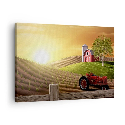Impression sur toile - Image sur toile - Paysage rural avec une grange rouge, un tracteur et un lever de soleil - 70x50cm - Une ferme comme dans un conte de fées - Décoration murale moderne pour le salon et la chambre ARTTOR