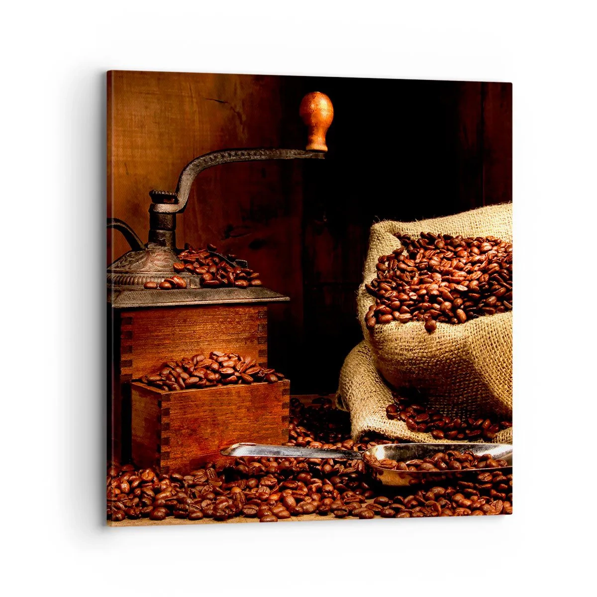Impression sur toile - Image sur toile - Nature morte avec grains de café et moulin - 70x70 cm