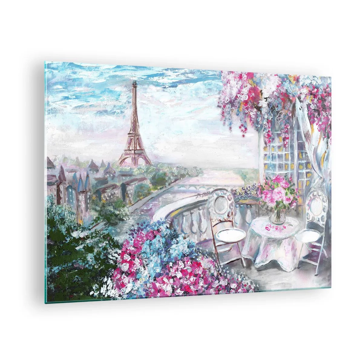 Impression sur verre - Image sur verre - Illustration d'une vue de la Tour Eiffel avec un balcon rempli de fleurs - 70x50cm - C'est le plus beau ici en mai - Décoration murale moderne pour le salon et la chambre ARTTOR