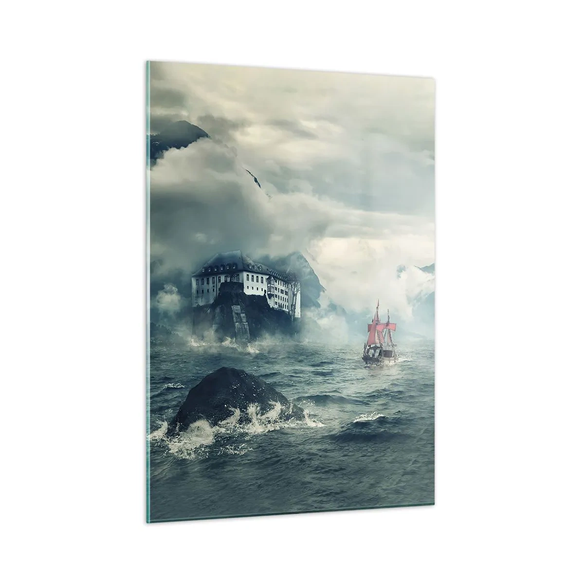 Impression sur verre - Image sur verre - Un navire sur une mer agitée avec un château en arrière-plan - 50x70cm - Dans l'eau magique - Décoration murale moderne pour le salon et la chambre ARTTOR