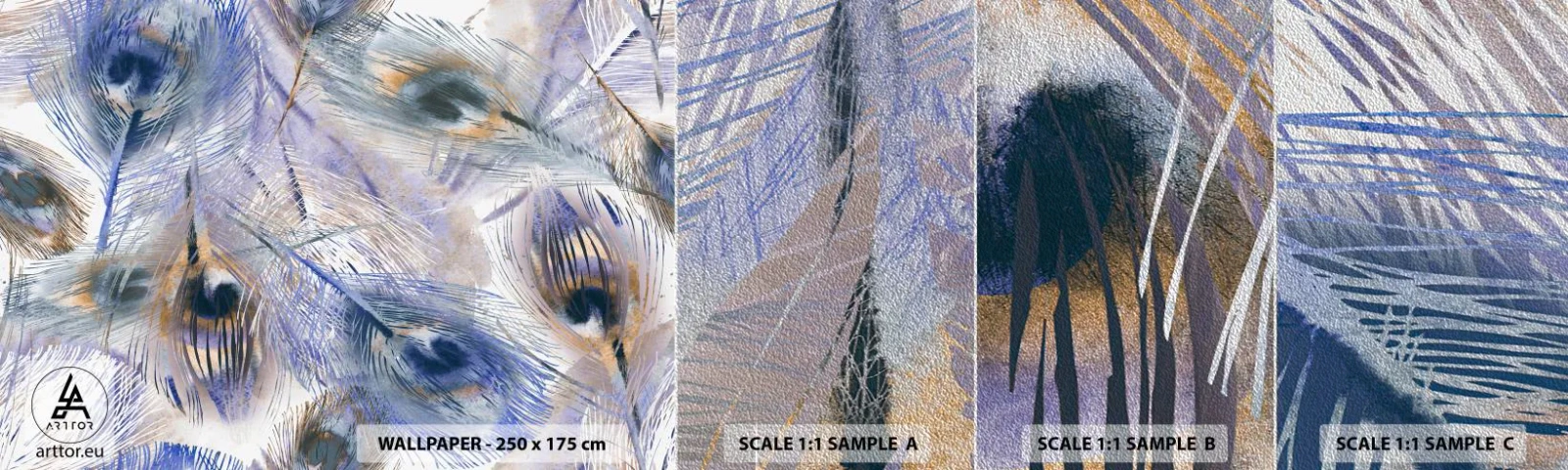 Échantillon de Papier Peint Premium Sand - Composition de paon - Abstraction, Plume de paon, Bohème - 100x30 cm