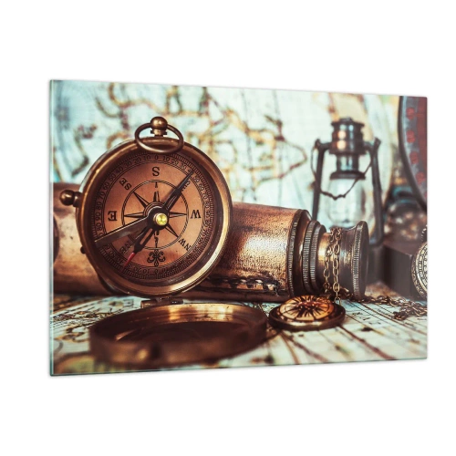 Impression sur verre - Image sur verre - Une boussole et une carte antiques sur fond d'aventures de pirates - 120x80cm - Une aventure de pirates dans les Caraïbes vous attend - Décoration murale moderne pour le salon et la chambre ARTTOR