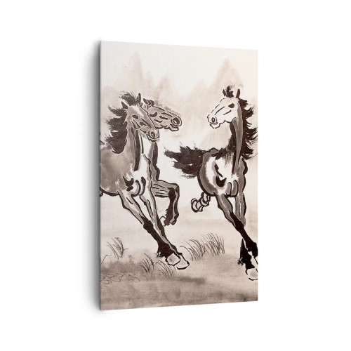 Impression sur toile - Image sur toile - Graphiques dynamiques de chevaux au galop dans un style oriental - 80x120cm - Dans un joyeux galop - Décoration murale moderne pour le salon et la chambre ARTTOR