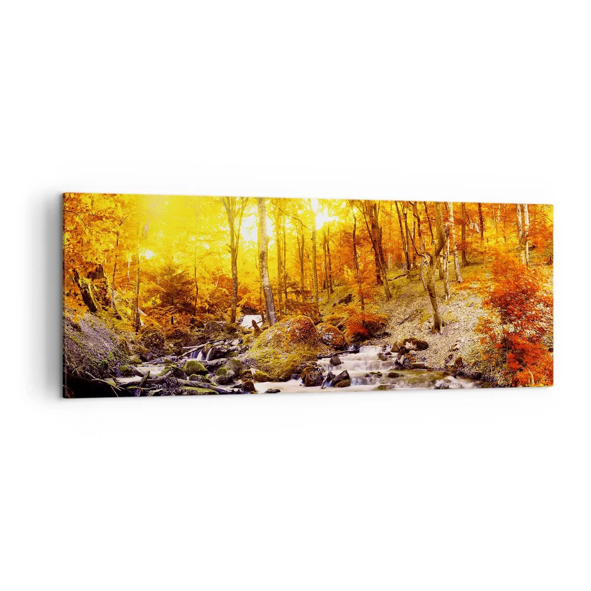 Impression sur toile - Image sur toile - Forêt d'automne avec un ruisseau parmi les feuilles dorées - 140x50cm - Pierres serties d'or et de platine - Décoration murale moderne pour le salon et la chambre ARTTOR