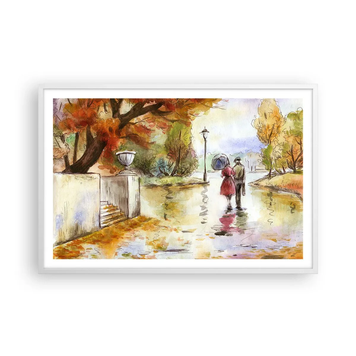 Affiche dans un cadre blanc - Poster - Automne romantique dans le parc - 91x61 cm