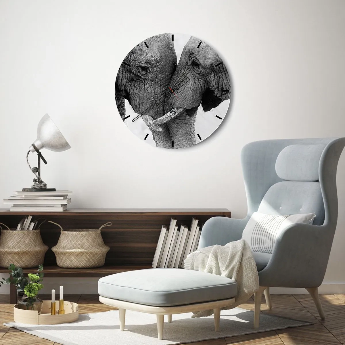 Horloge murale - Pendule murale - Deux éléphants avec leurs trompes entrelacées dans un geste tendre - 30x30cm - Confession sincère - Décoration murale moderne pour le salon, la cuisine et la chambre ARTTOR