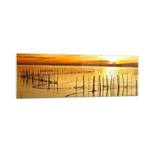 Impression sur verre - Image sur verre - Coucher de soleil sur l'eau avec des oiseaux en vol - 160x50cm - À la pêche - Décoration murale moderne pour le salon et la chambre ARTTOR