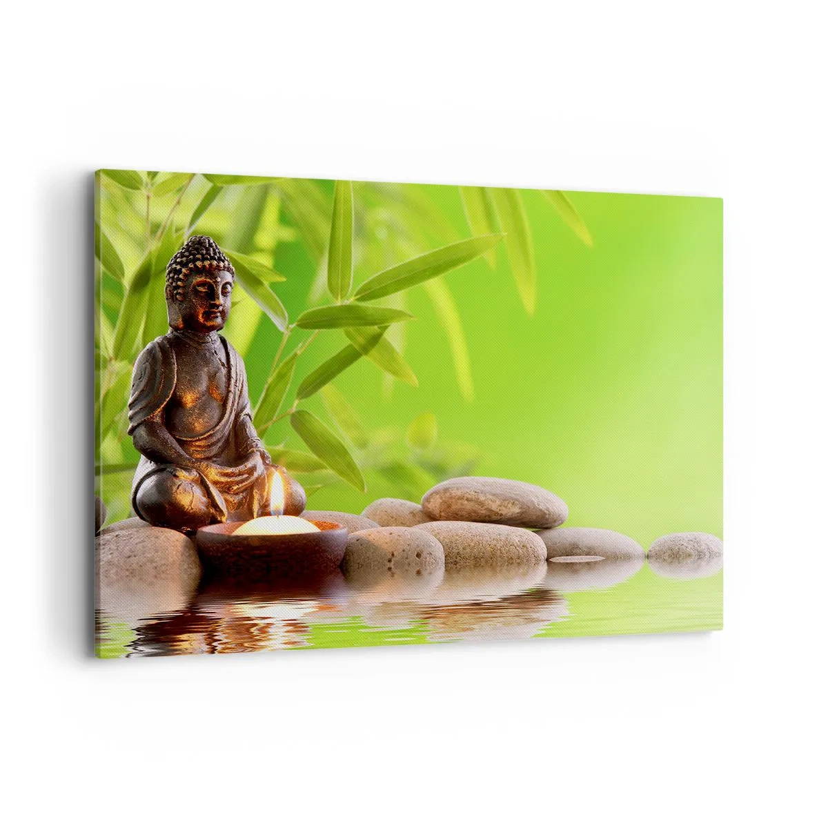 Impression sur toile - Image sur toile - Figure de Bouddha avec des pierres et une bougie sur un fond de bambou - 120x80cm - La vie est belle - Décoration murale moderne pour le salon et la chambre ARTTOR