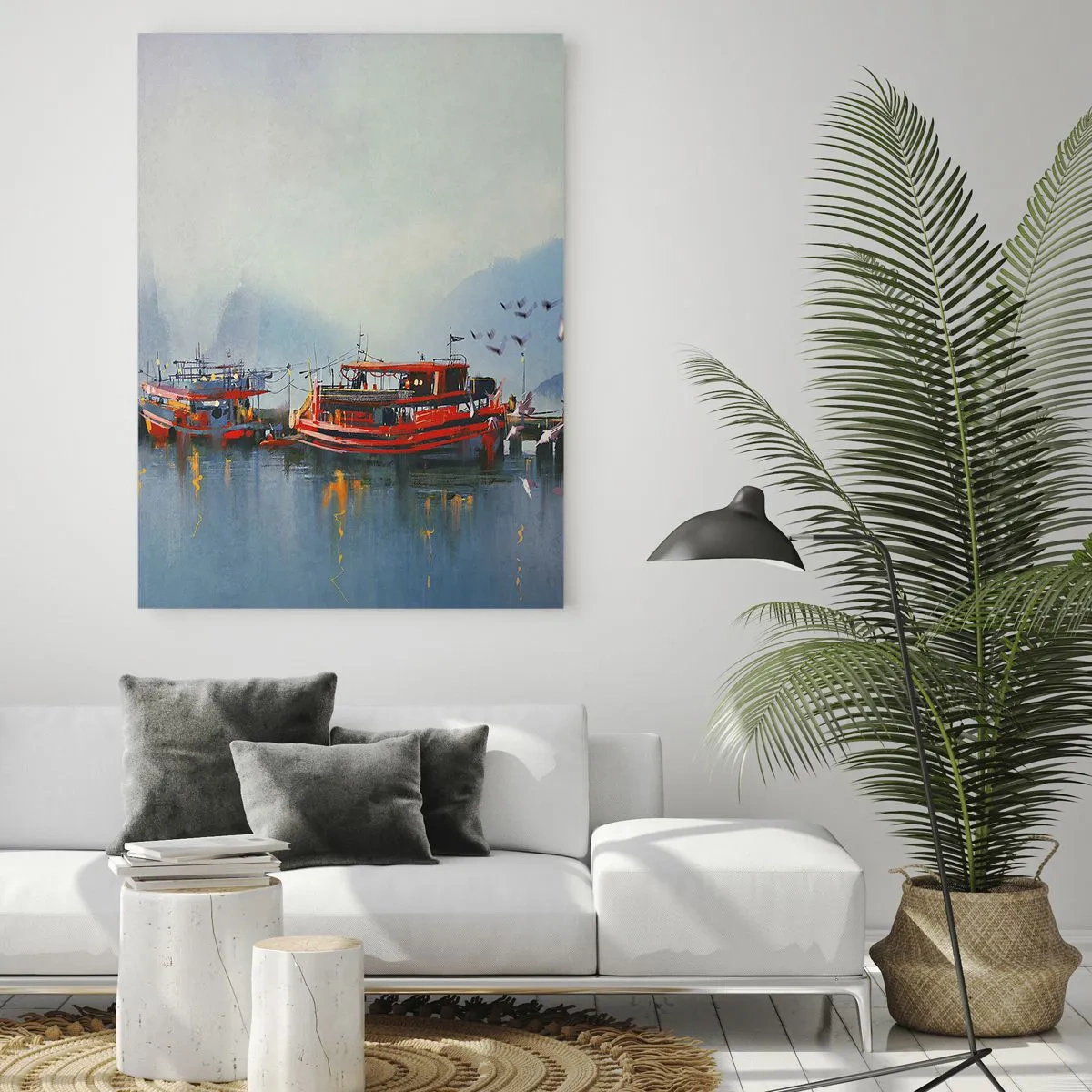 Impression sur verre - Image sur verre - Un port avec des bateaux rouges entouré d'un paysage brumeux - 70x100cm - Na końcu świata - Décoration murale moderne pour le salon et la chambre ARTTOR