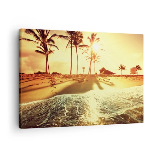 Impression sur toile - Image sur toile - Une plage avec des palmiers illuminée par un coucher de soleil chaud - 70x50cm - Après-midi californien - Décoration murale moderne pour le salon et la chambre ARTTOR