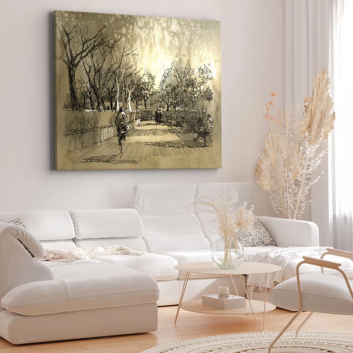Impression sur toile - Image sur toile - Une scène de dessin animé d'un parc avec des gens marchant dans des tons chauds. - 70x50cm - Un moment arrêté avec une plume - Décoration murale moderne pour le salon et la chambre ARTTOR