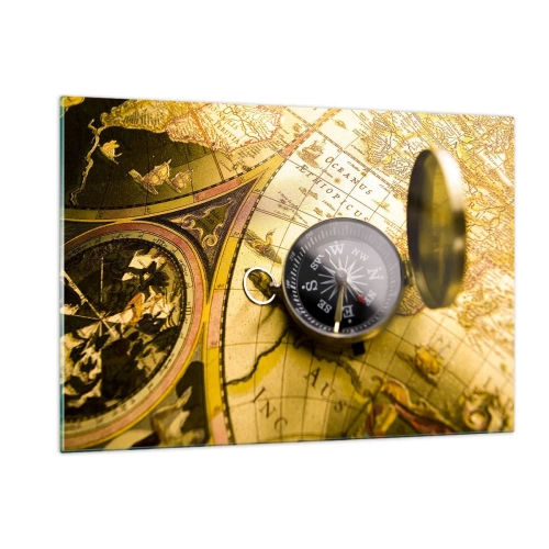 Impression sur verre - Image sur verre - Une carte dorée avec une boussole comme accent d'aventure - 120x80cm - Ou peut-être jusqu'au bout du monde ? - Décoration murale moderne pour le salon et la chambre ARTTOR