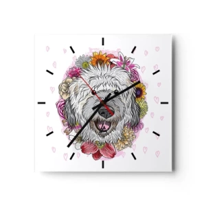 Horloge murale - Pendule murale - Un chien entouré de fleurs colorées - 30x30cm - La joie du chiot - Décoration murale moderne pour le salon et la chambre ARTTOR