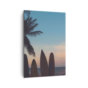 Impression sur toile - Image sur toile - Planches de surf sur fond de palmier et de coucher de soleil - 70x100cm - Demain sera amusant aussi - Décoration murale moderne pour le salon et la chambre ARTTOR