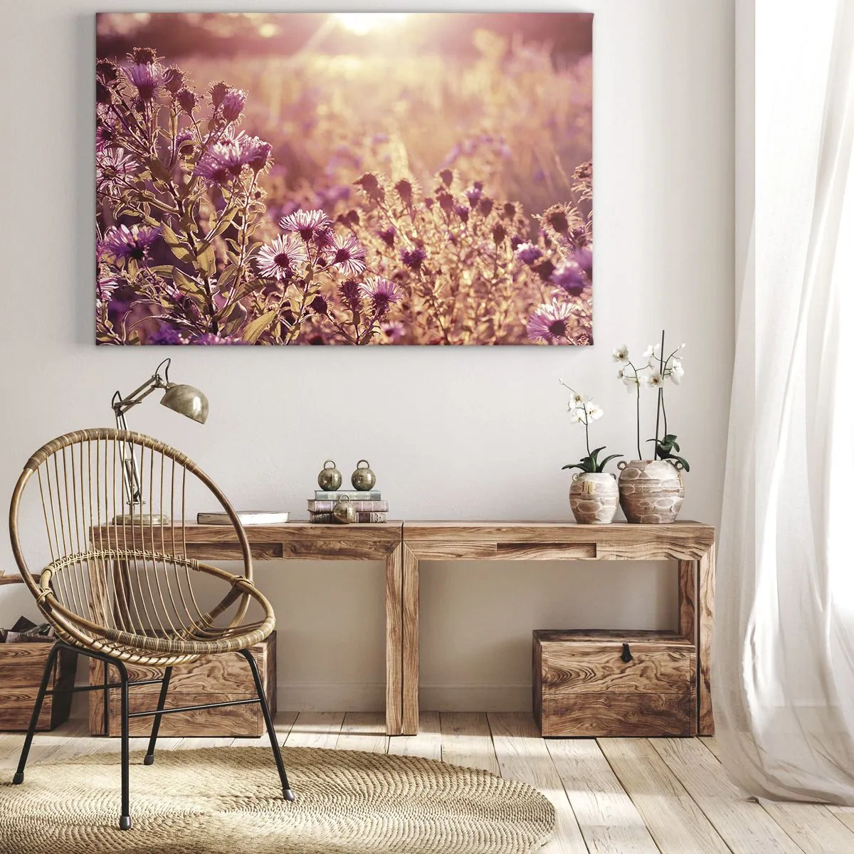 Impression sur toile - Image sur toile - Prairie à la lumière du soleil couchant - 70x50cm - Avant que l'été ne parte - Décoration murale moderne pour le salon et la chambre ARTTOR