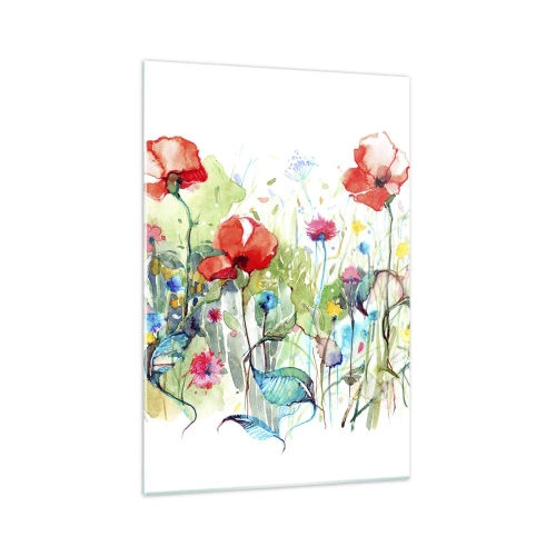 Impression sur verre - Image sur verre - Une prairie avec des coquelicots rouges et des fleurs colorées à l'aquarelle - 70x100cm - Prairie de fleurs en mai - Décoration murale moderne pour le salon et la chambre ARTTOR