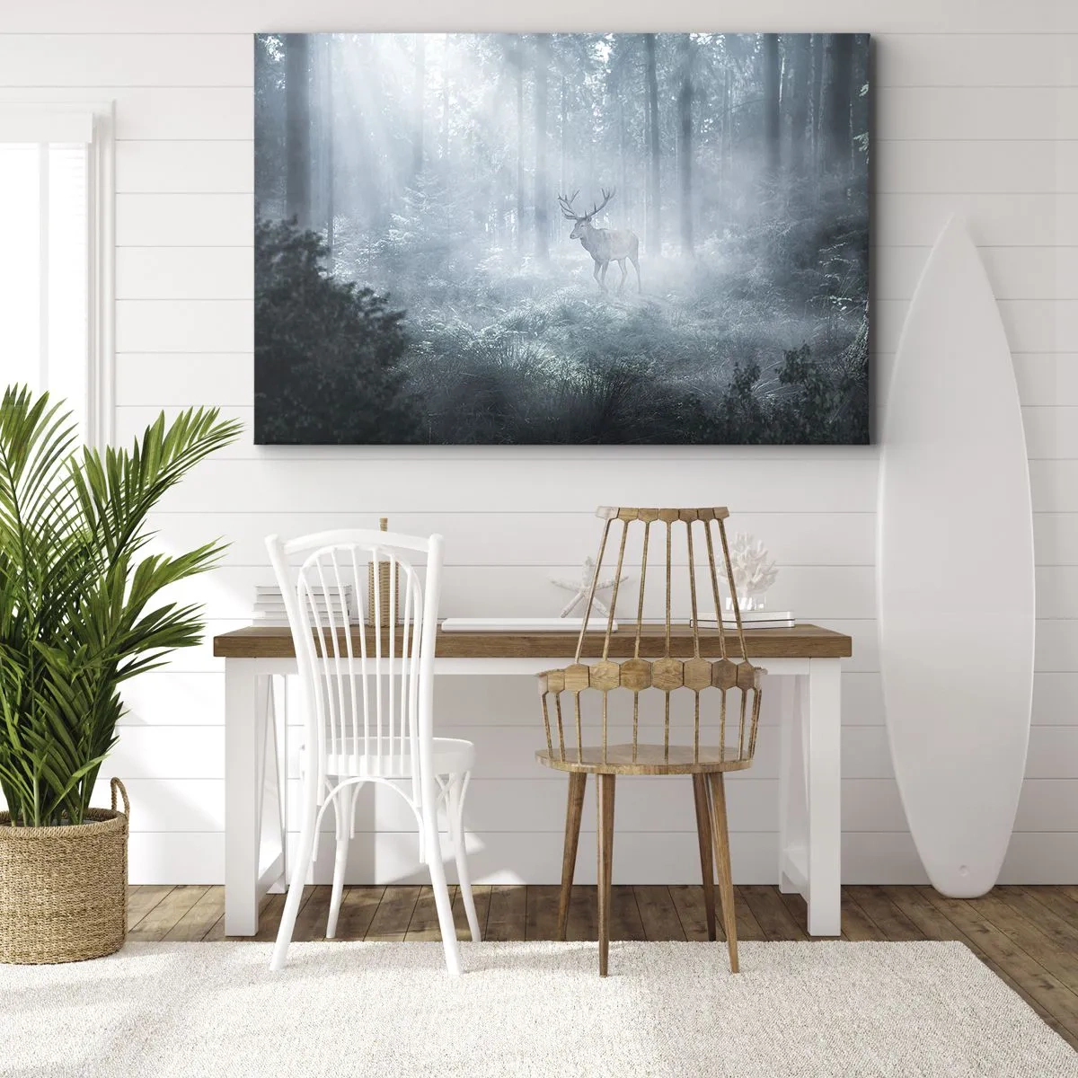 Impression sur toile - Image sur toile - Un cerf dans une forêt dense enveloppée de brume matinale - 70x50cm - Visite matinale du domaine - Décoration murale moderne pour le salon et la chambre ARTTOR