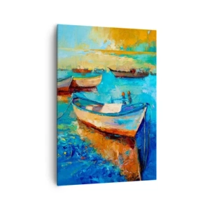 Impression sur toile - Image sur toile - Bateaux colorés amarrés sur une eau calme - 70x100cm - Dans la baie du sud - Décoration murale moderne pour le salon et la chambre ARTTOR