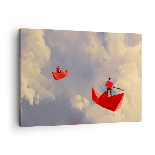 Impression sur toile - Image sur toile - Bateaux en papier rouges flottant dans les nuages - 70x50cm - Expédition des Rêveurs - Décoration murale moderne pour le salon et la chambre ARTTOR