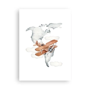 Affiche - Poster - Un biplan au-dessus d'une carte du monde dans les nuages - 50x70cm - Dans un esprit pionnier - Décoration murale moderne pour le salon et la chambre ARTTOR