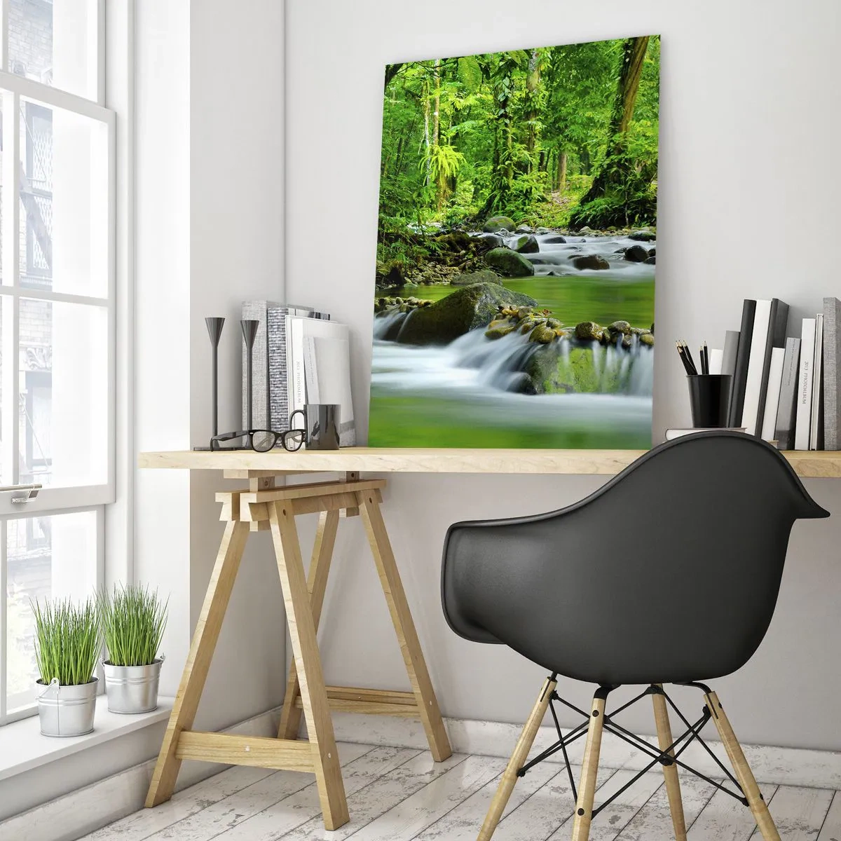 Impression sur verre - Image sur verre - Un ruisseau forestier entouré d'une végétation luxuriante - 50x70cm - Nager dans un océan de verdure - Décoration murale moderne pour le salon et la chambre ARTTOR