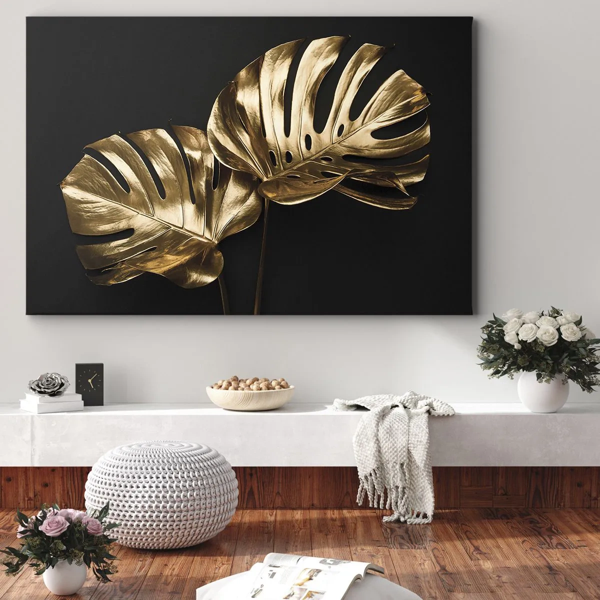 Impression sur toile - Image sur toile - Feuilles de monstera dorées sur fond noir - 100x70cm - Les trésors de la nature - Décoration murale moderne pour le salon et la chambre ARTTOR