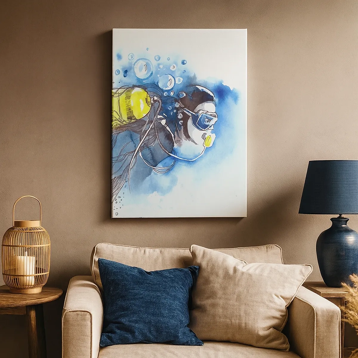 Impression sur toile - Image sur toile - Scène sous-marine avec un plongeur et des poissons exotiques - 50x70cm - Le grand bleu - Décoration murale moderne pour le salon et la chambre ARTTOR