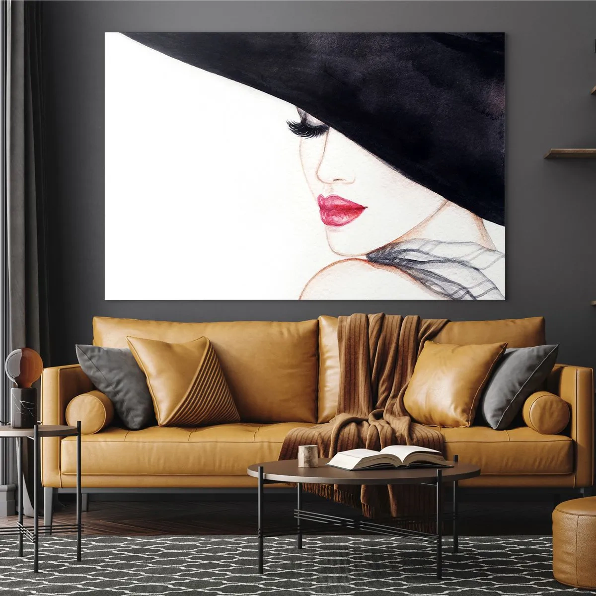 Impression sur verre - Image sur verre - Un portrait subtil d'une femme au chapeau et aux lèvres rouges - 120x80cm - Élégance et sensualité - Décoration murale moderne pour le salon et la chambre ARTTOR