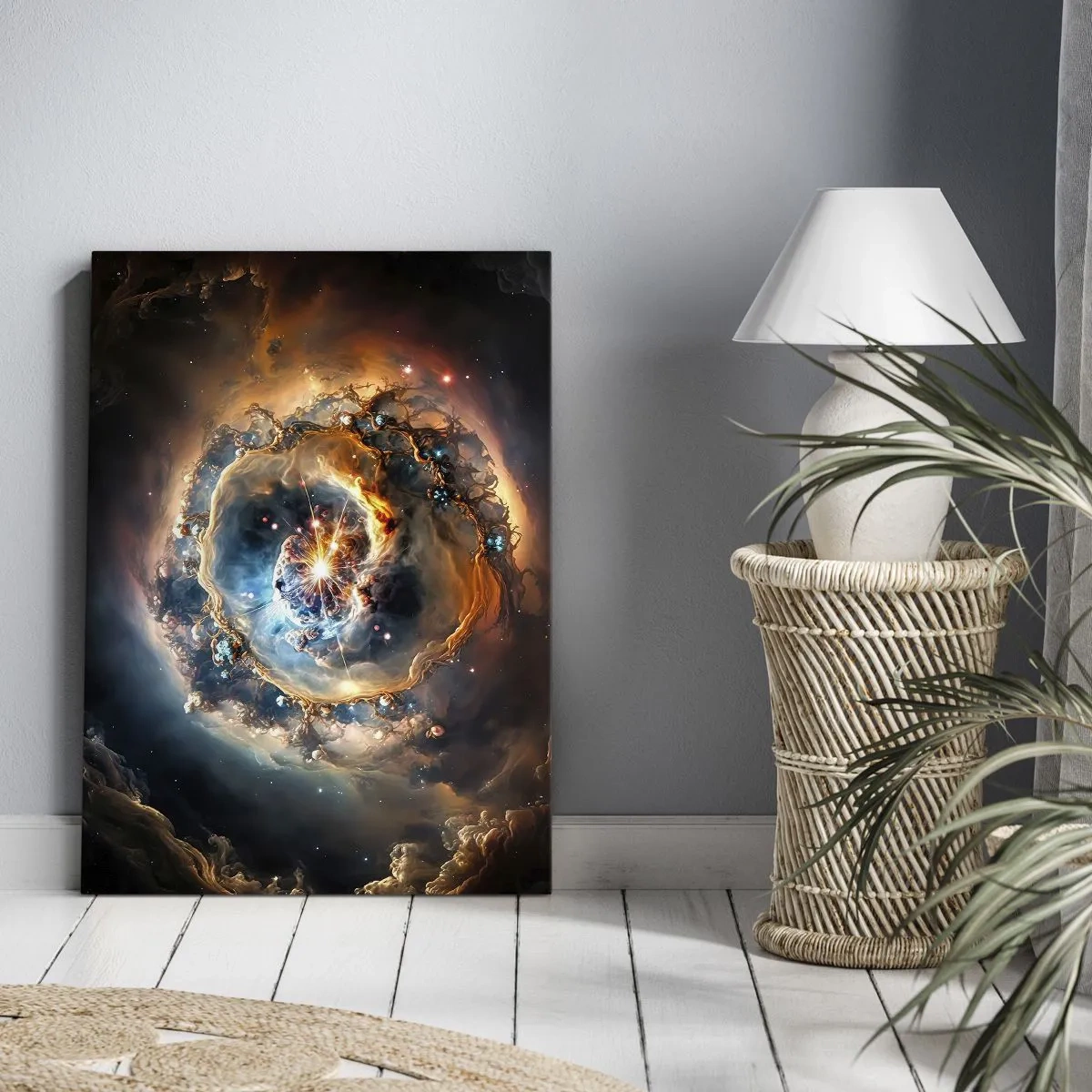 Impression sur toile - Image sur toile - Une vision abstraite d'une explosion cosmique dans des tons d'or et de bleu. - 50x70cm - Le début - Décoration murale moderne pour le salon et la chambre ARTTOR