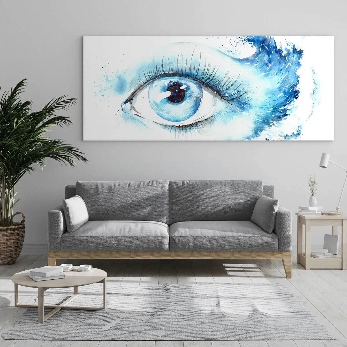 Impression sur verre - Image sur verre - Aquarelle artistique d'un œil avec une vague dynamique - 140x50cm - Plongez-vous dans le bleu du regard - Décoration murale moderne pour le salon et la chambre ARTTOR