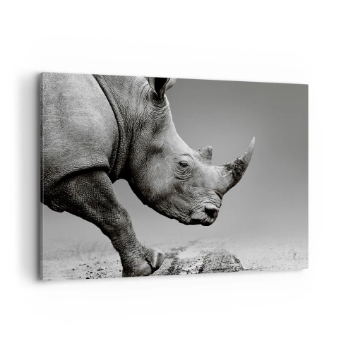 Impression sur toile - Image sur toile - Portrait d'un rhinocéros sur fond de désert gris - 100x70cm - Force inarrêtable - Décoration murale moderne pour le salon et la chambre ARTTOR