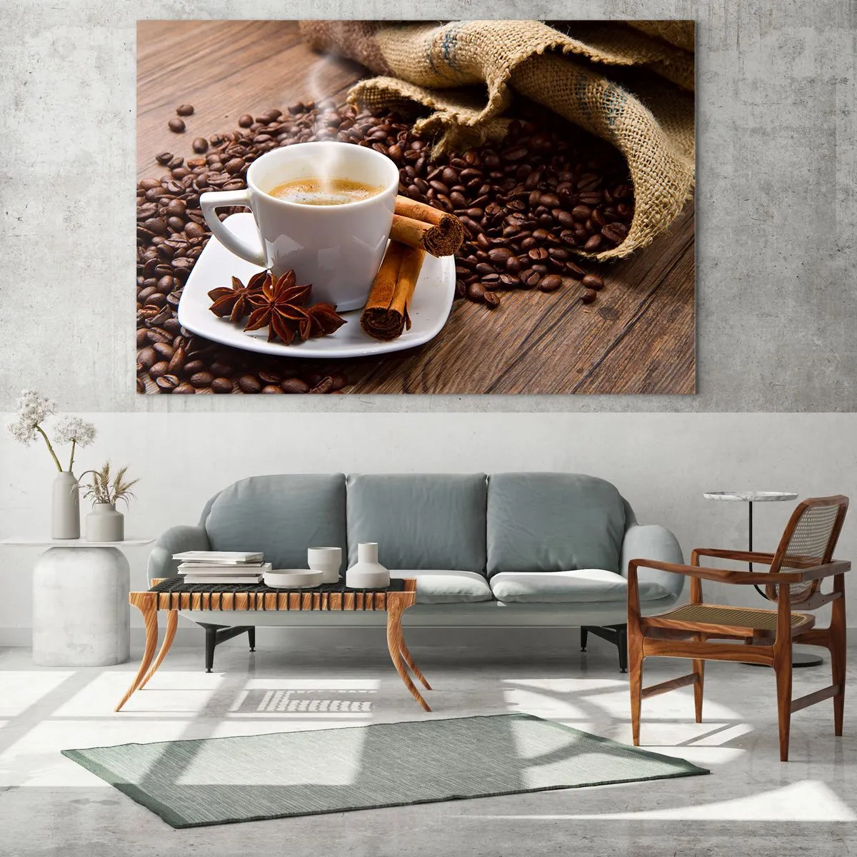 Impression sur verre - Image sur verre - Une tasse de café avec de la cannelle et des grains de café sur une table en bois - 120x80cm - Saveur et arôme épicés - Décoration murale moderne pour le salon et la chambre ARTTOR