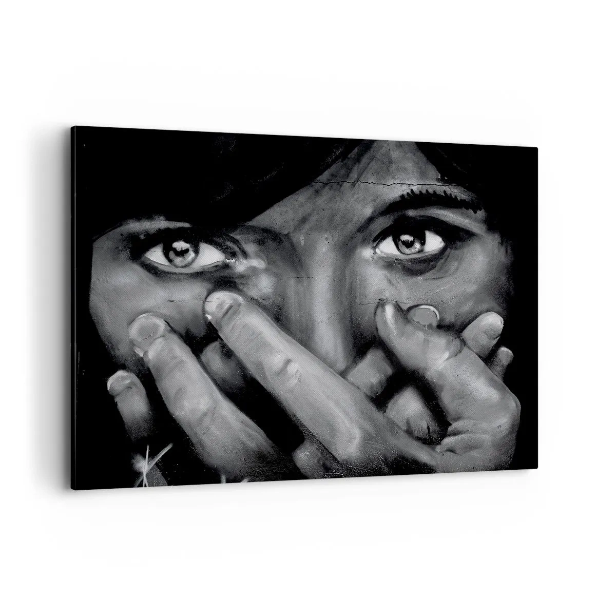 Impression sur toile - Image sur toile - Portrait en noir et blanc d'une femme se couvrant le visage avec ses mains. - 120x80cm - Je ne dirai pas qui a peint - Décoration murale moderne pour le salon et la chambre ARTTOR
